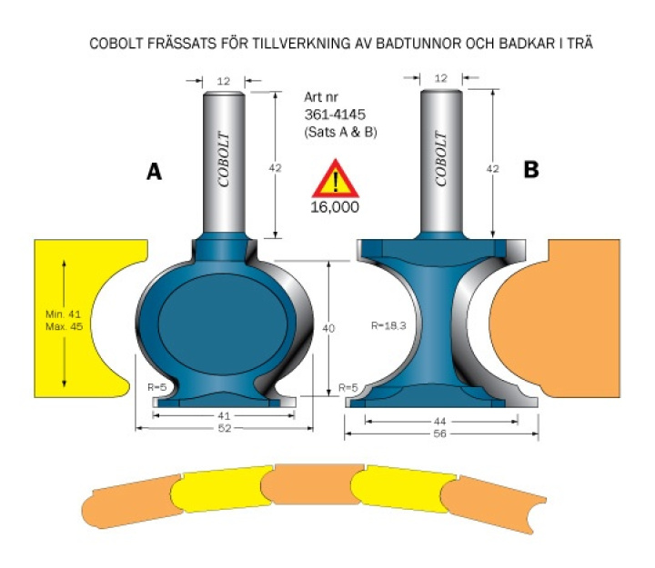 Badtunnefräsar (sats A-B) R=18,3 S=12 / Kapacitet 41-45 mm i gruppen Maskiner / Snickerimaskiner / Övriga maskiner / Nya snickerimaskiner (alla) / Skaftfräsar hos Kristers Möbler Maskin AB (36953)